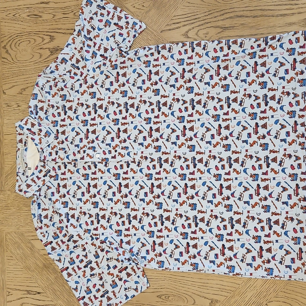 CRICKET Golf Polo Shirt Mens XL Blackmoor Novelty Print Short Sleeve Blue Moose